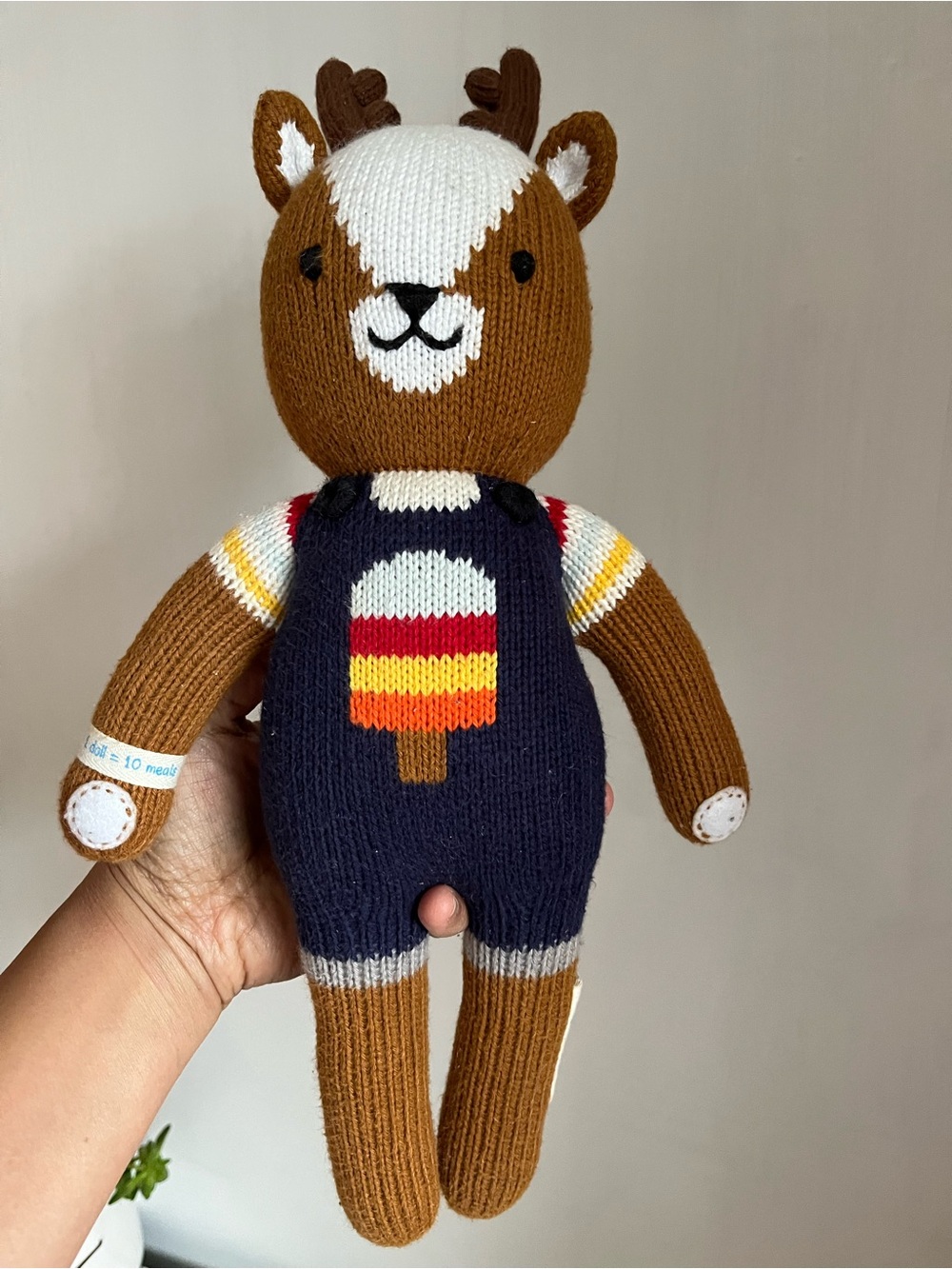 Hand-Knit Brown Deer Doll Plush in Navy Overalls - Cute Kids Toy